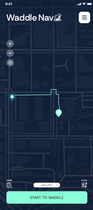Turn-by-turn map with a routed path in Waddle Nav